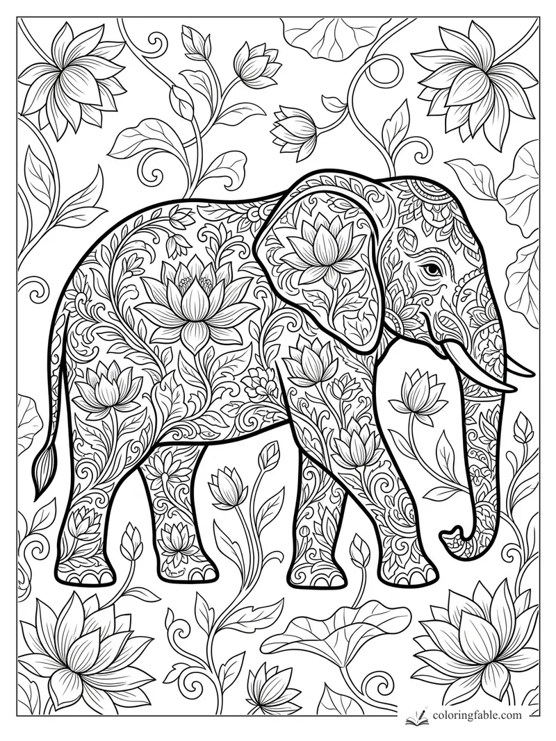 Intricate floral elephant coloring page with lotus patterns, vines, tusks, and large decorated ears.