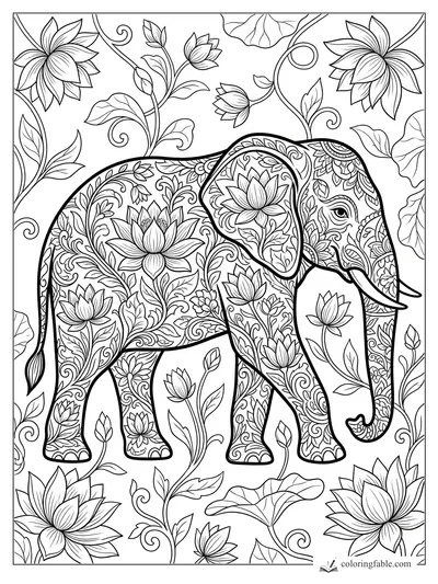 Intricate floral elephant coloring page with lotus patterns, vines, tusks, and large decorated ears.
