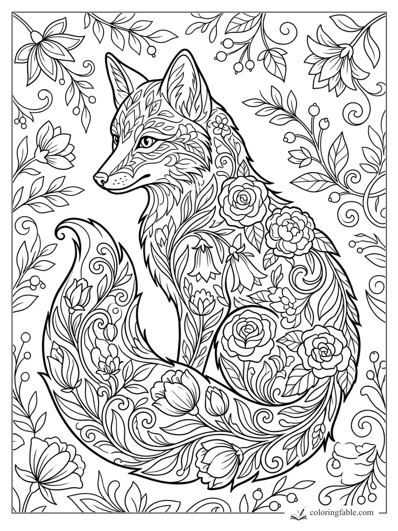 Intricate floral fox coloring page with roses, leafy vines, curled tail, and botanical border