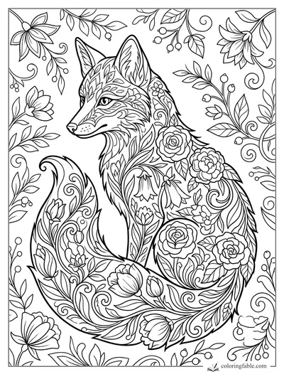 Intricate floral fox coloring page with roses, leafy vines, curled tail, and botanical border