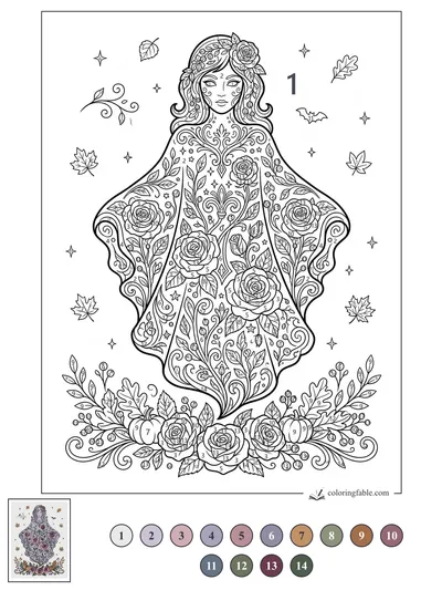 Floral Ghost with Roses and Falling Leaves — color by number