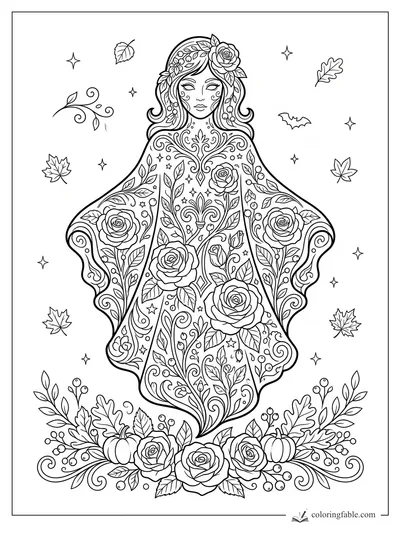 Intricate floral ghost with roses, vines, pumpkins, stars, a tiny bat, and falling autumn leaves