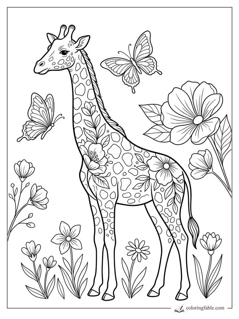 Floral giraffe coloring page with butterflies, spotted neck, leafy flowers, and large blossoms
