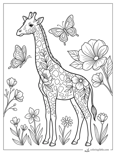 Floral giraffe coloring page with butterflies, spotted neck, leafy flowers, and large blossoms