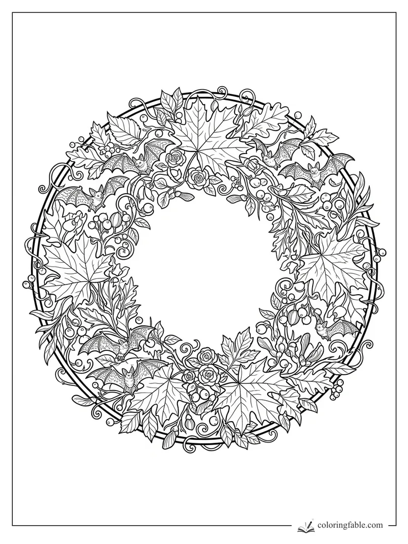 Intricate Halloween wreath with bats, maple and oak leaves, berries, roses, and curling vines.