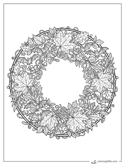 Intricate Halloween wreath with bats, maple and oak leaves, berries, roses, and curling vines.