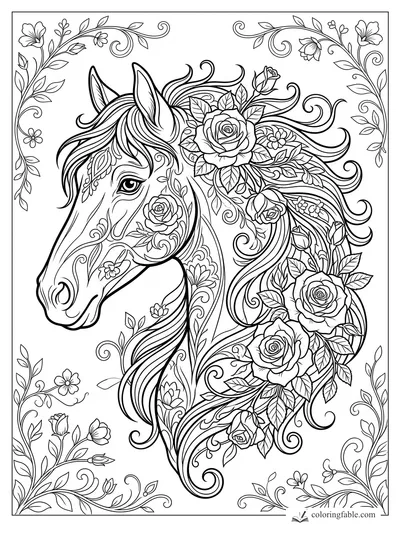 Intricate floral horse portrait with roses, leafy vines, and a flowing curled mane