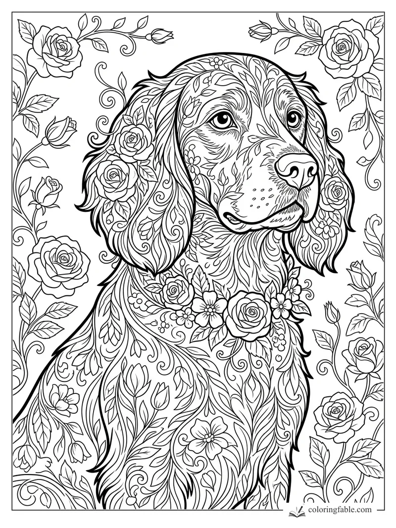 Intricate floral hound coloring page with rose vines, leafy ears, and a gentle upward gaze.