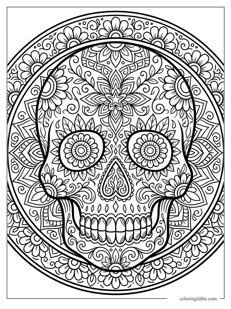 Intricate sugar skull mandala with flower eyes, heart-shaped nose, teeth, petals, curls, and circular border.