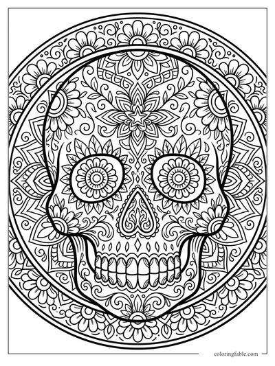 Intricate sugar skull mandala with flower eyes, heart-shaped nose, teeth, petals, curls, and circular border.