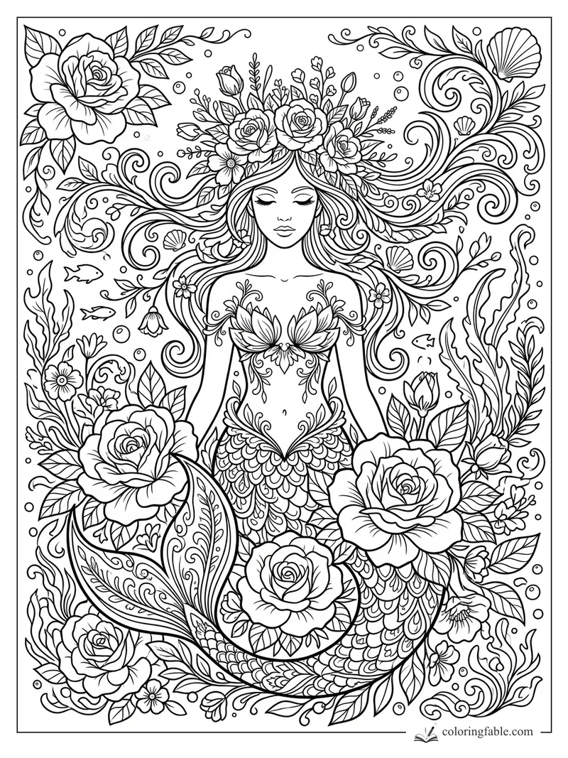 Intricate floral mermaid coloring page with rose crown, flowing hair, shells, bubbles, fish, and sea plants.