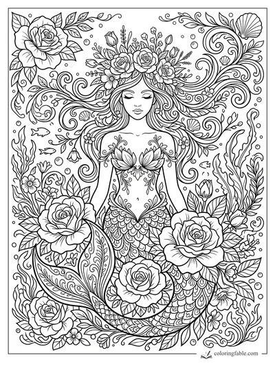 Intricate floral mermaid coloring page with rose crown, flowing hair, shells, bubbles, fish, and sea plants.