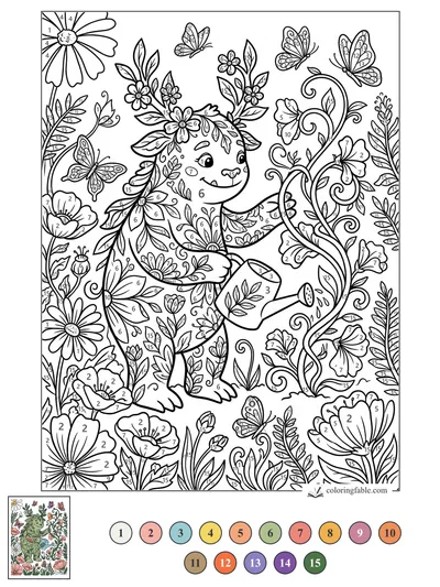 Floral Monster Watering a Vine Garden — color by number
