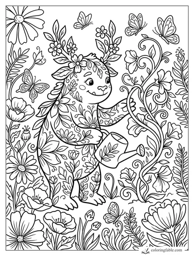 Cute floral monster watering curling garden vines with butterflies and big flowers