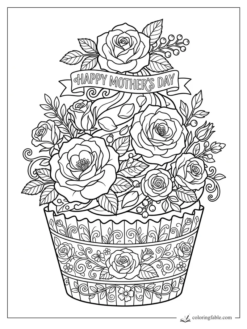 Intricate cupcake bouquet with roses, leafy vines, berries, and a Happy Mother’s Day banner.