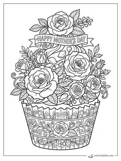 Intricate cupcake bouquet with roses, leafy vines, berries, and a Happy Mother’s Day banner.