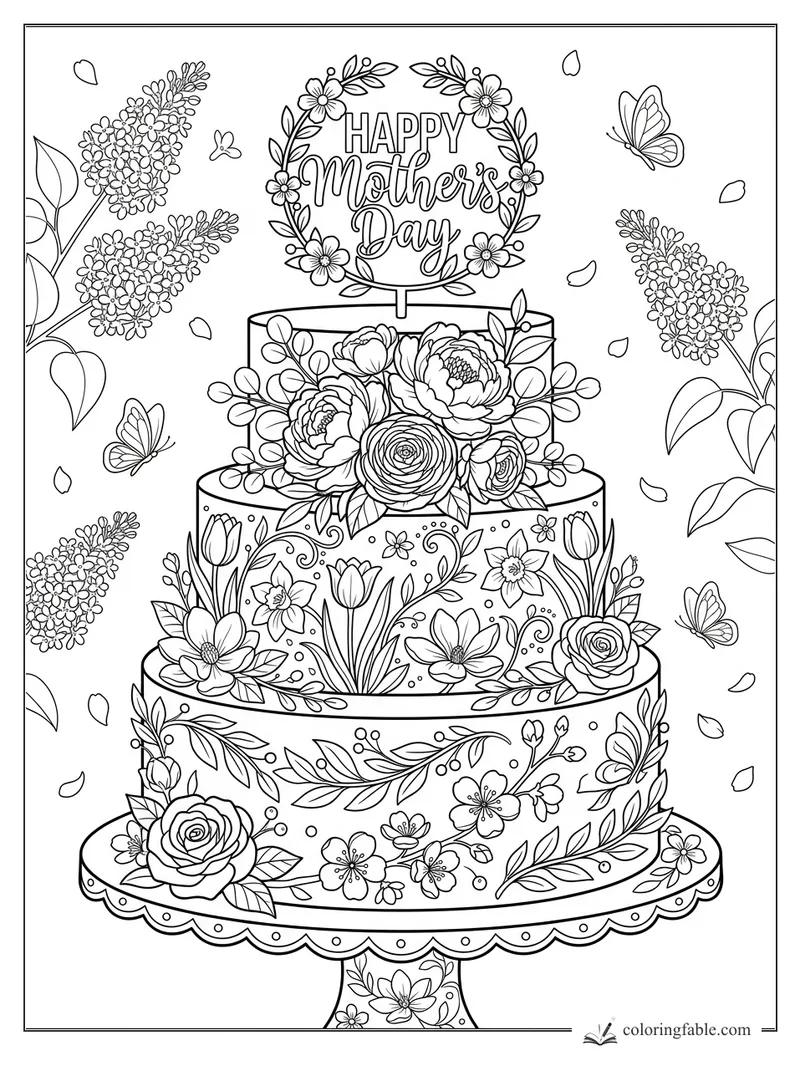 Intricate Mother’s Day cake coloring page with floral tiers, roses, lilacs, butterflies, and petals