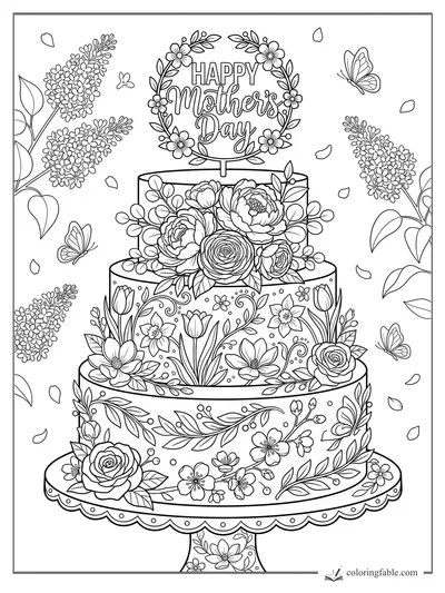 Intricate Mother’s Day cake coloring page with floral tiers, roses, lilacs, butterflies, and petals