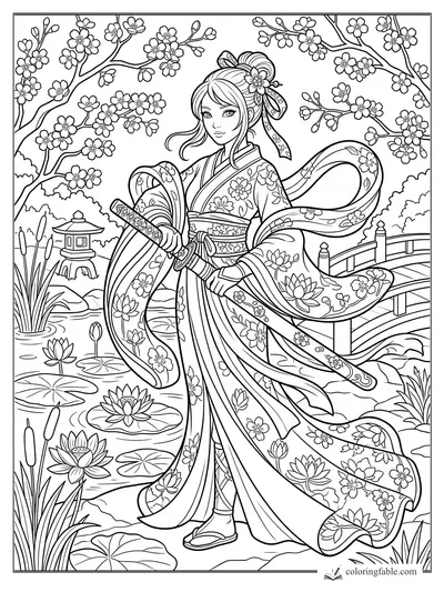 Floral ninja in a kimono holding a sword beside lotus ponds, cherry blossoms, stone lantern, and arched bridge