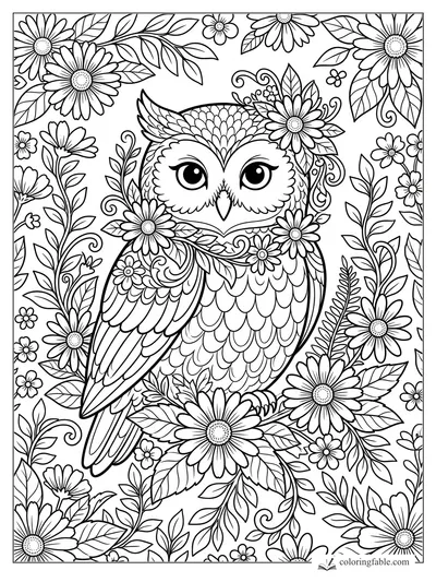 Floral owl with large eyes, layered feathers, daisies, leaves, and curling vines to color