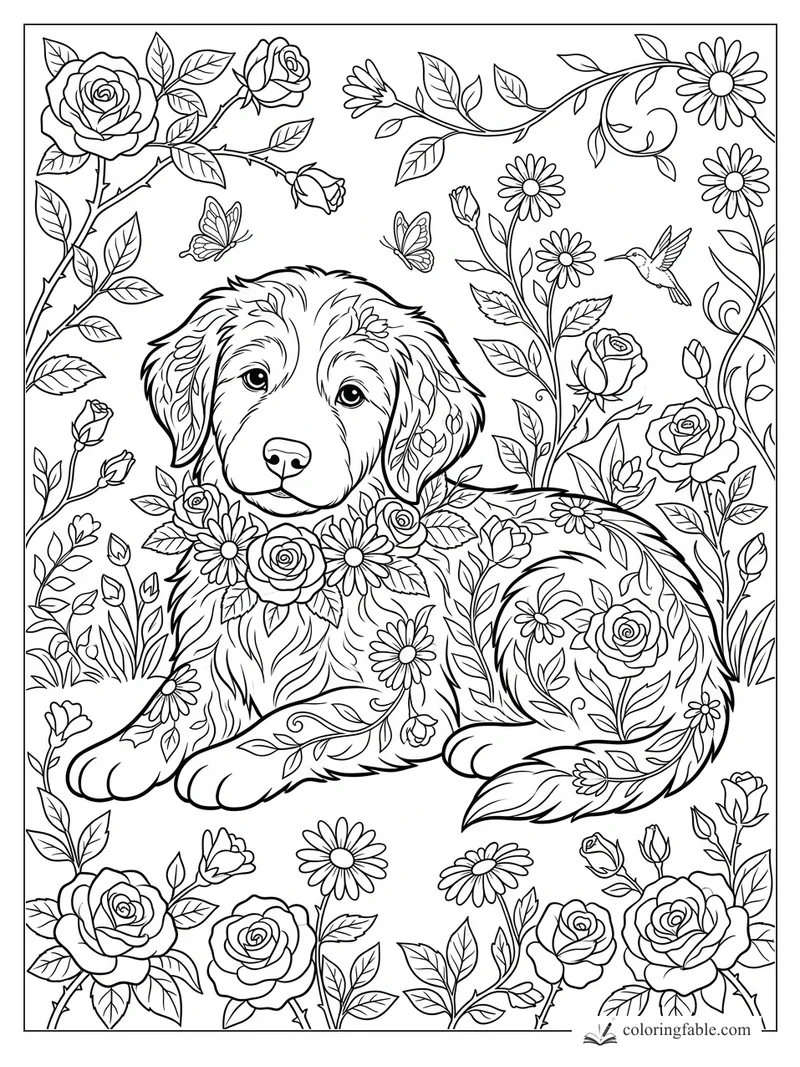 Intricate floral puppy coloring page with roses, daisies, butterflies, and a tiny hummingbird.