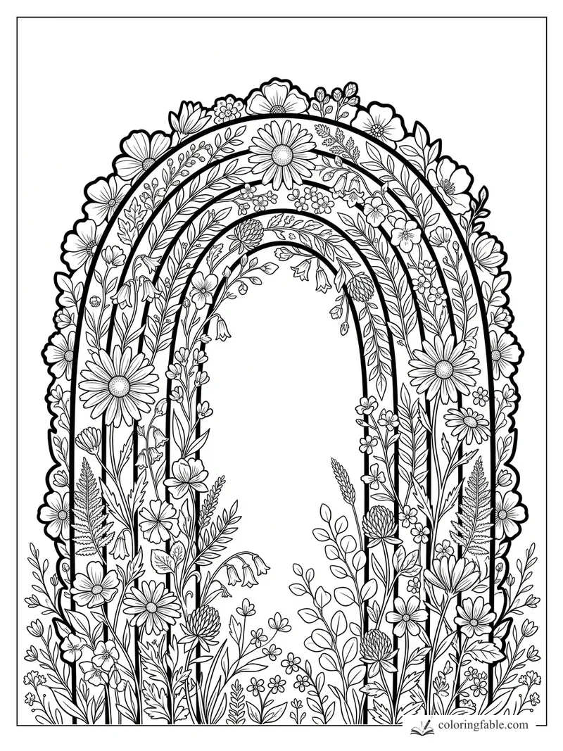 Intricate floral rainbow arch filled with daisies, clover, ferns, leafy vines, and bell-shaped blooms.