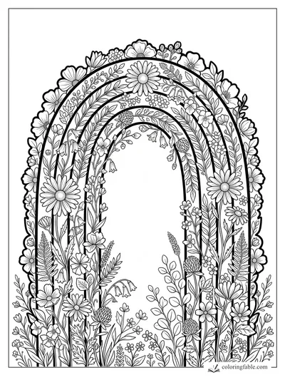 Intricate floral rainbow arch filled with daisies, clover, ferns, leafy vines, and bell-shaped blooms.