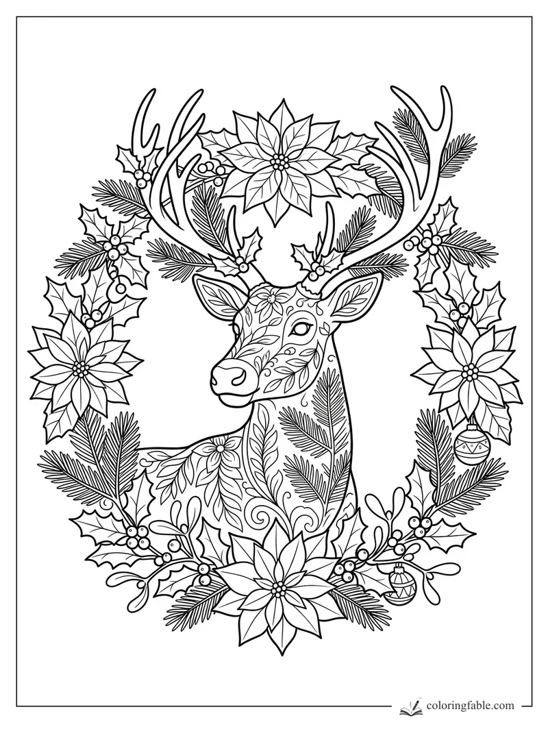 Intricate floral reindeer with leafy antlers, poinsettias, holly, pine sprigs, berries, and ornaments.