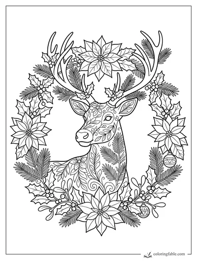 Intricate floral reindeer with leafy antlers, poinsettias, holly, pine sprigs, berries, and ornaments.