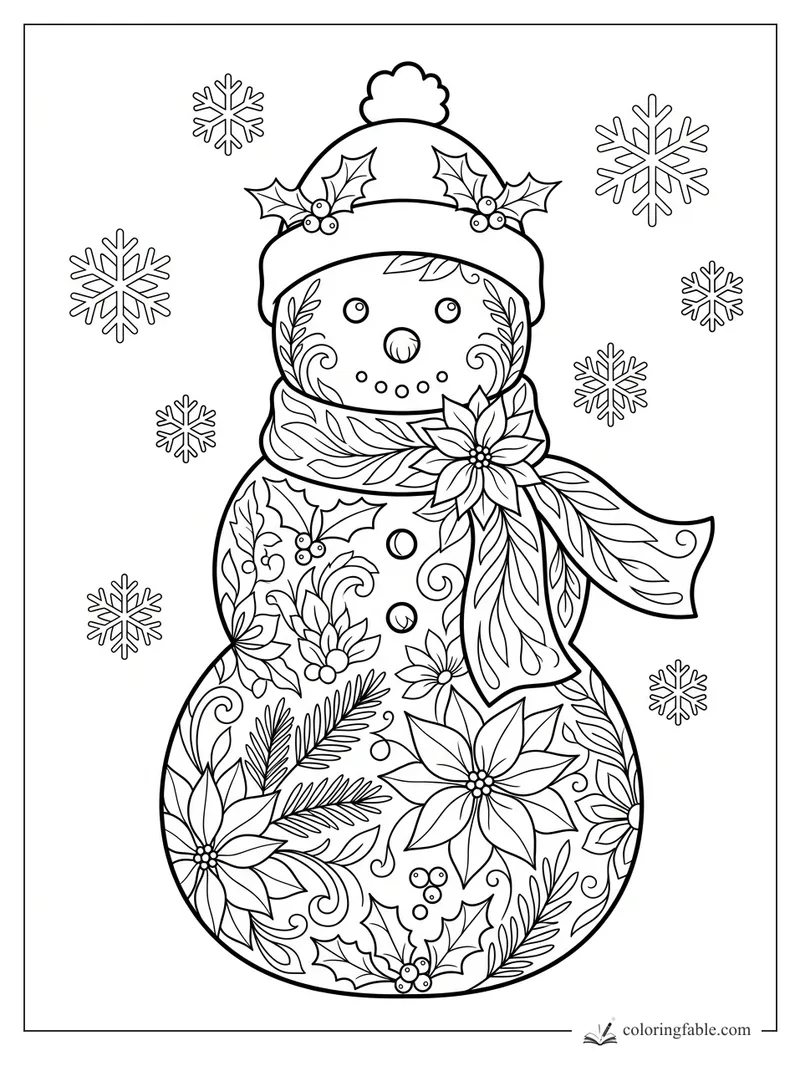 Intricate floral snowman with holly hat, poinsettia scarf, leafy patterns, and falling snowflakes