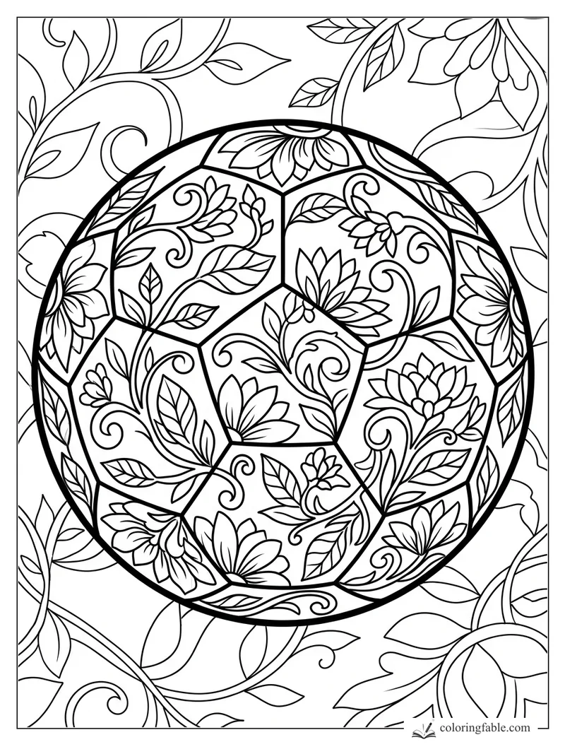 Intricate soccer ball coloring page filled with flowers, leaves, and curling vines.