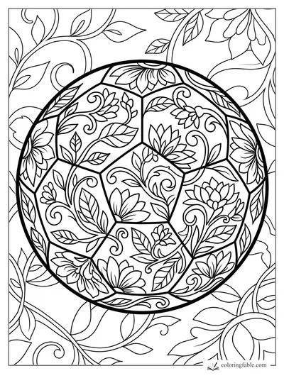 Intricate soccer ball coloring page filled with flowers, leaves, and curling vines.