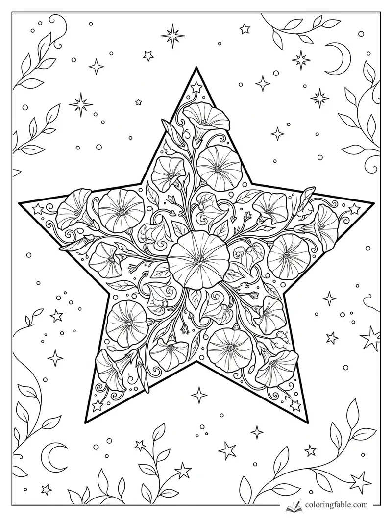 Intricate five-point star filled with morning glories, curling vines, leaves, moons, and tiny stars.