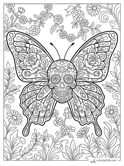 Intricate sugar skull butterfly with rose wings, curling vines, daisies, and floral garden details.