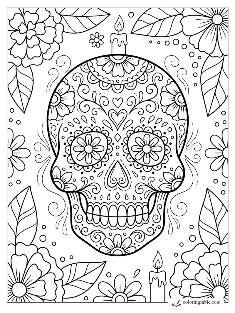 Intricate sugar skull ornament with flowers, leaves, candles, swirls, and dotted doodle patterns.