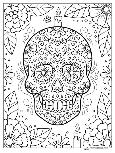 Adorno de calavera de azúcar para colorear con flores, hojas, velas, espirales y patrones de puntos