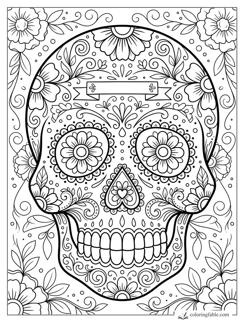 Intricate floral sugar skull coloring page with blank banner, daisies, vines, and patterned eye sockets