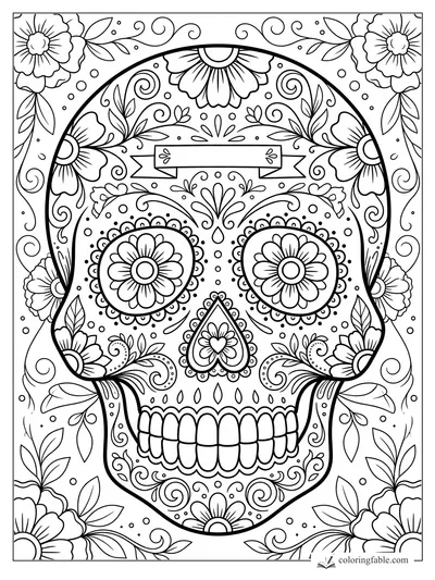 Intricate floral sugar skull coloring page with blank banner, daisies, vines, and patterned eye sockets