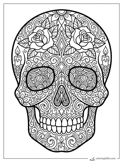 Intricate sugar skull coloring page with roses, candles, leaves, teeth, and swirling zentangle patterns