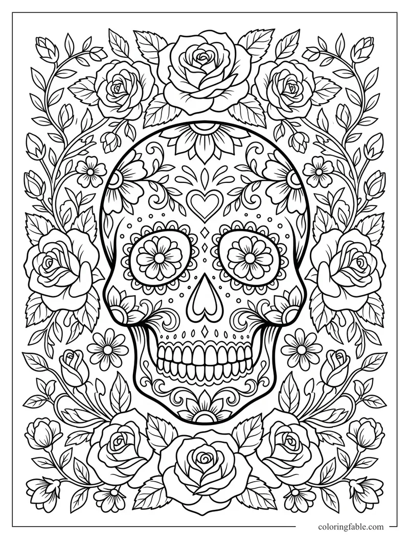 Floral sugar skull coloring page with roses, daisies, leaves, and decorative eye flowers.