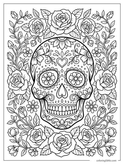 Floral sugar skull coloring page with roses, daisies, leaves, and decorative eye flowers.