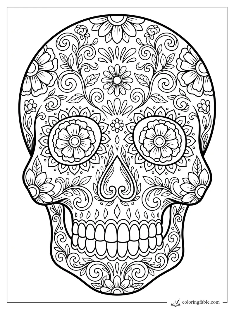 Intricate sugar skull coloring page with flower eyes, curling vines, petals, leaves, and detailed teeth.