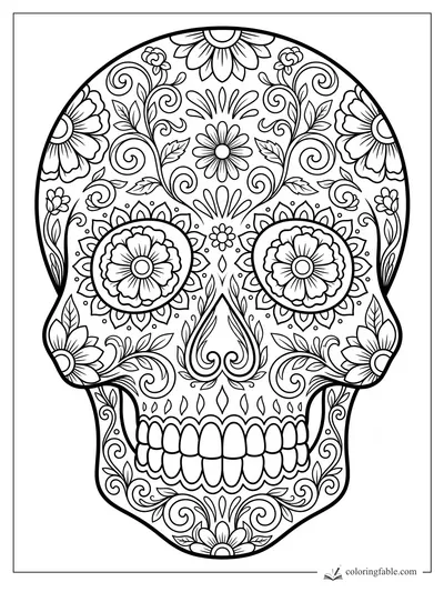 Intricate sugar skull coloring page with flower eyes, curling vines, petals, leaves, and detailed teeth.