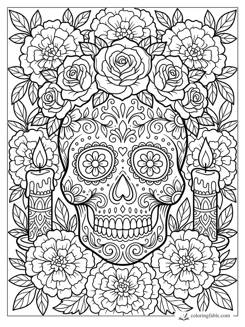 Sugar skull coloring page with roses, marigolds, leafy vines, heart nose, flower eyes, and two candles.
