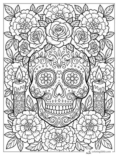 Sugar skull coloring page with roses, marigolds, leafy vines, heart nose, flower eyes, and two candles.