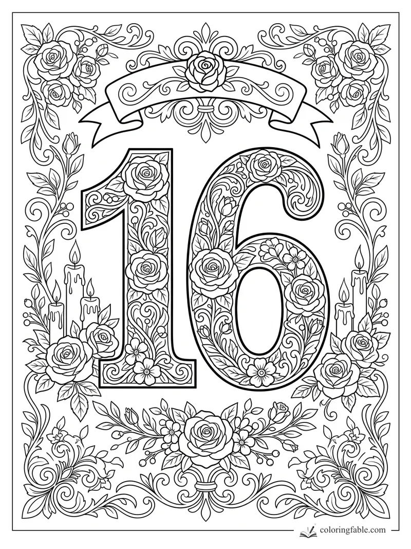 Intricate floral sweet sixteen coloring page with roses, candles, ribbon banner, vines, and ornate number 16