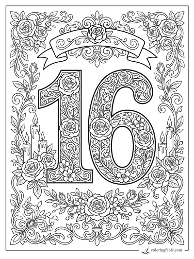 Intricate floral sweet sixteen coloring page with roses, candles, ribbon banner, vines, and ornate number 16