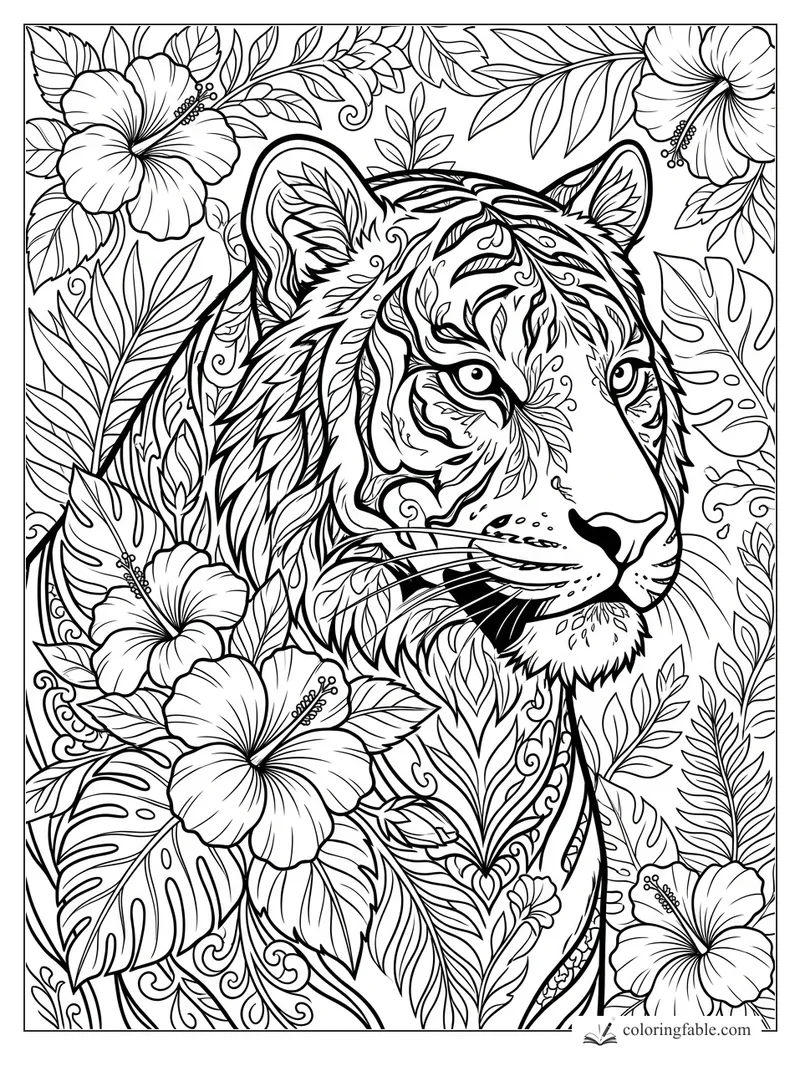 Floral tiger portrait with hibiscus flowers, leafy stripes, vines, and tropical foliage coloring page