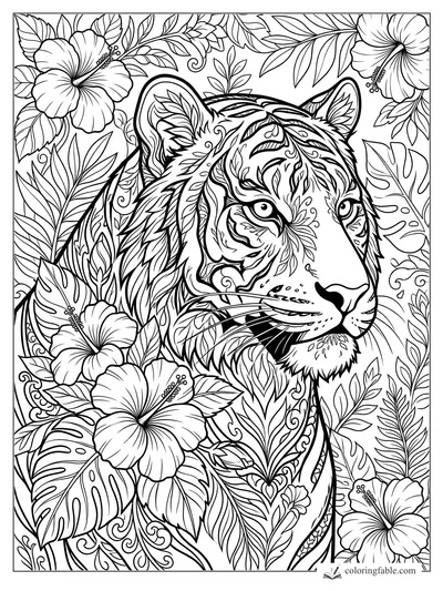 Floral tiger portrait with hibiscus flowers, leafy stripes, vines, and tropical foliage coloring page