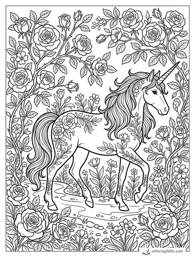 Floral unicorn with flowing mane walking through roses, leafy vines, and garden flowers